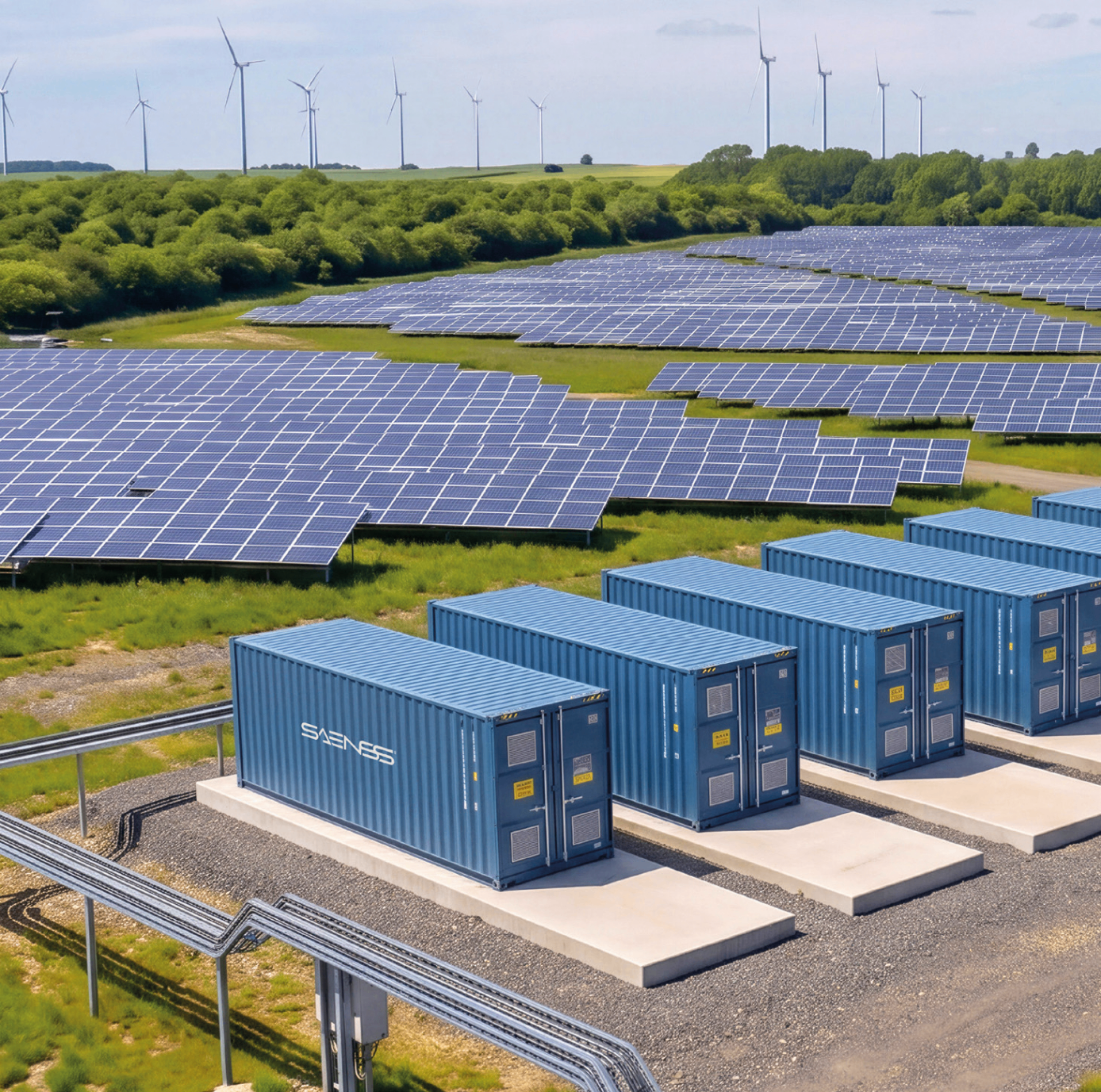 Stazione di accumulo SAENSS SafeBess accanto a impianto fotovoltaico